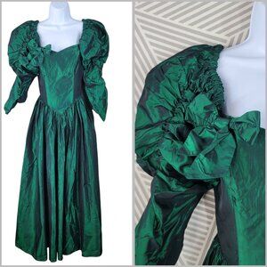 Vintage 80s Taffeta Prom Formal Dress Size 4 6 Holiday Ball Gown Bow Long Swishy
